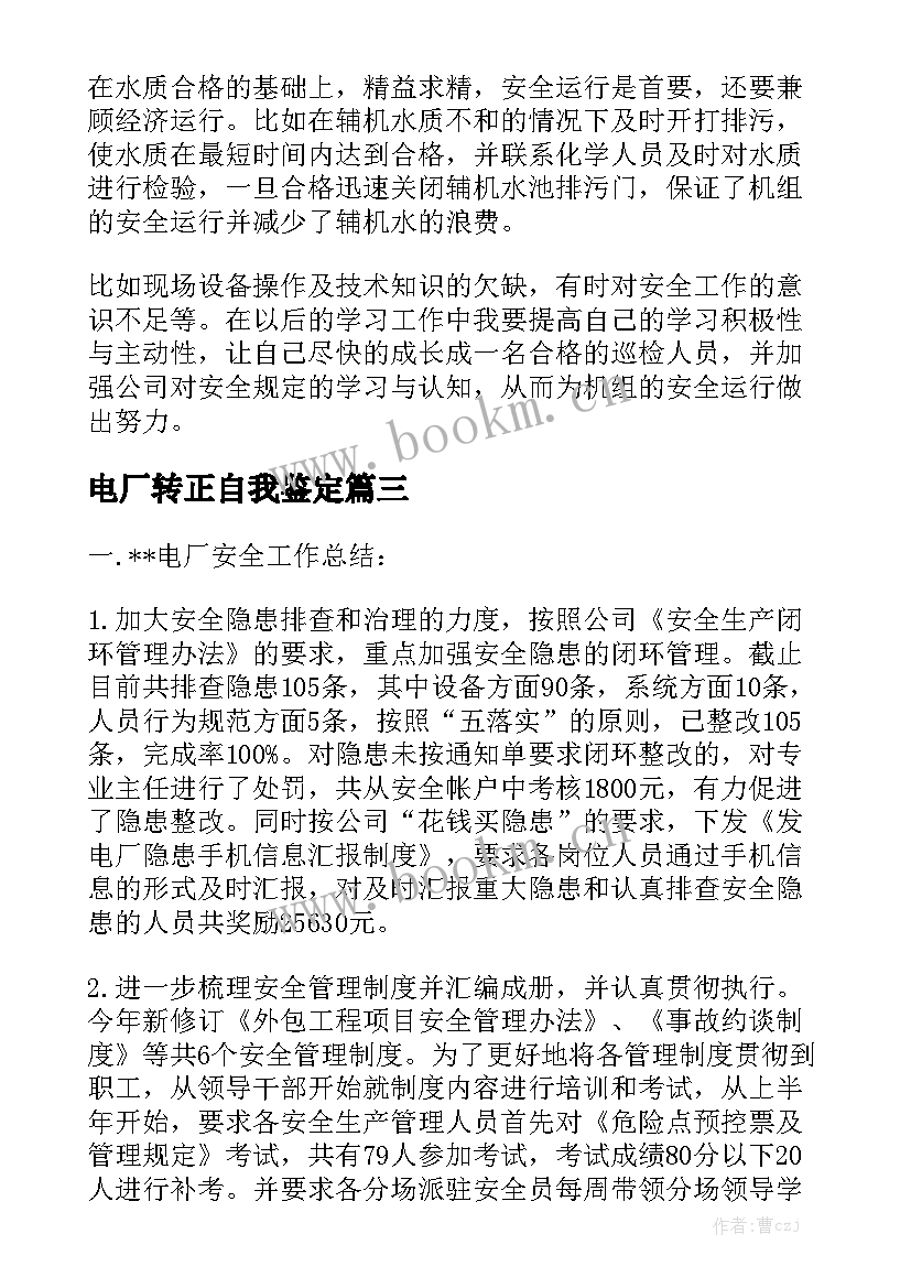 电厂转正自我鉴定