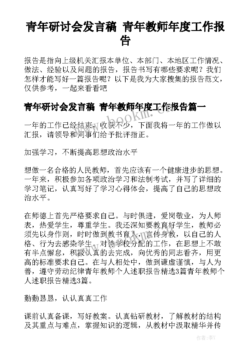 青年研讨会发言稿 青年教师年度工作报告