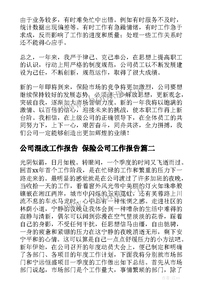 公司混改工作报告 保险公司工作报告