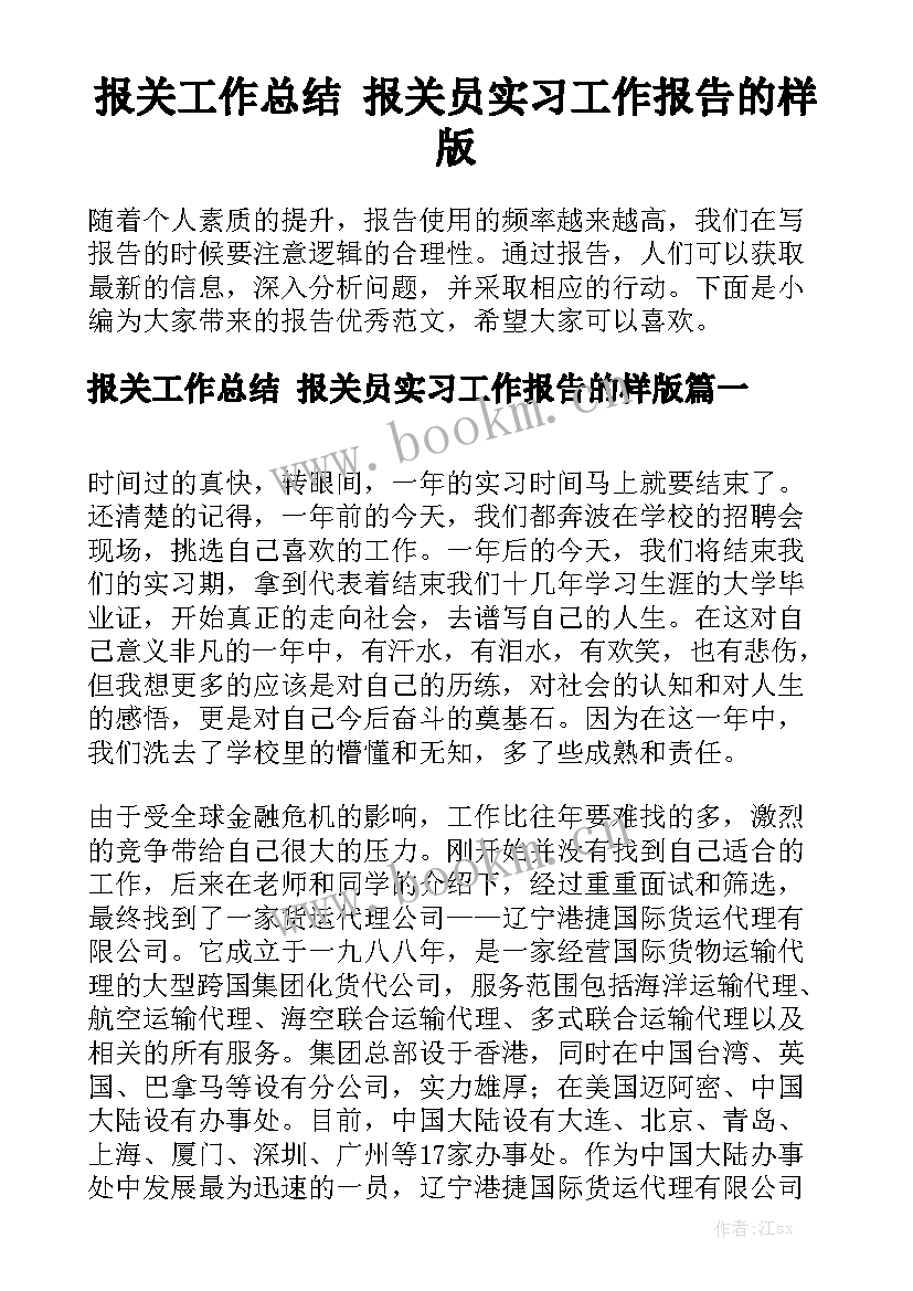 报关工作总结 报关员实习工作报告的样版