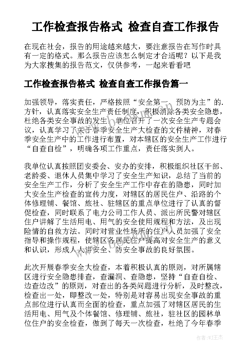 工作检查报告格式 检查自查工作报告