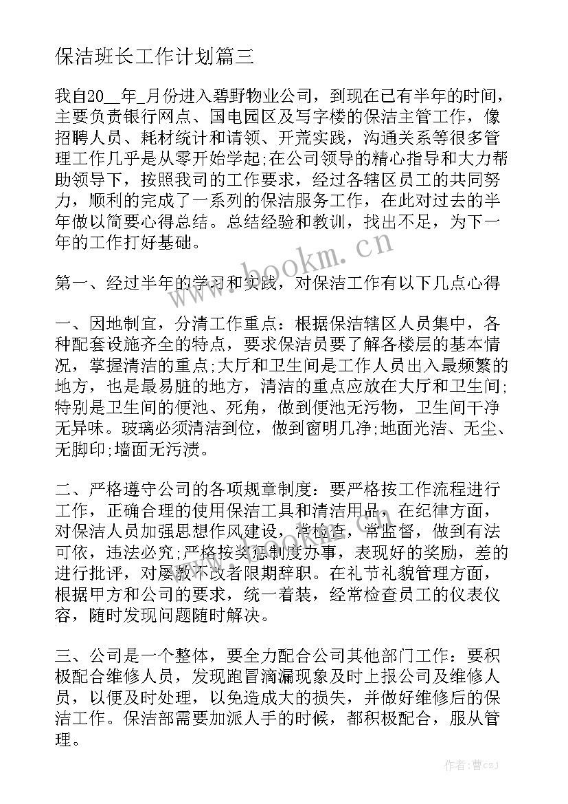 保洁班长工作计划