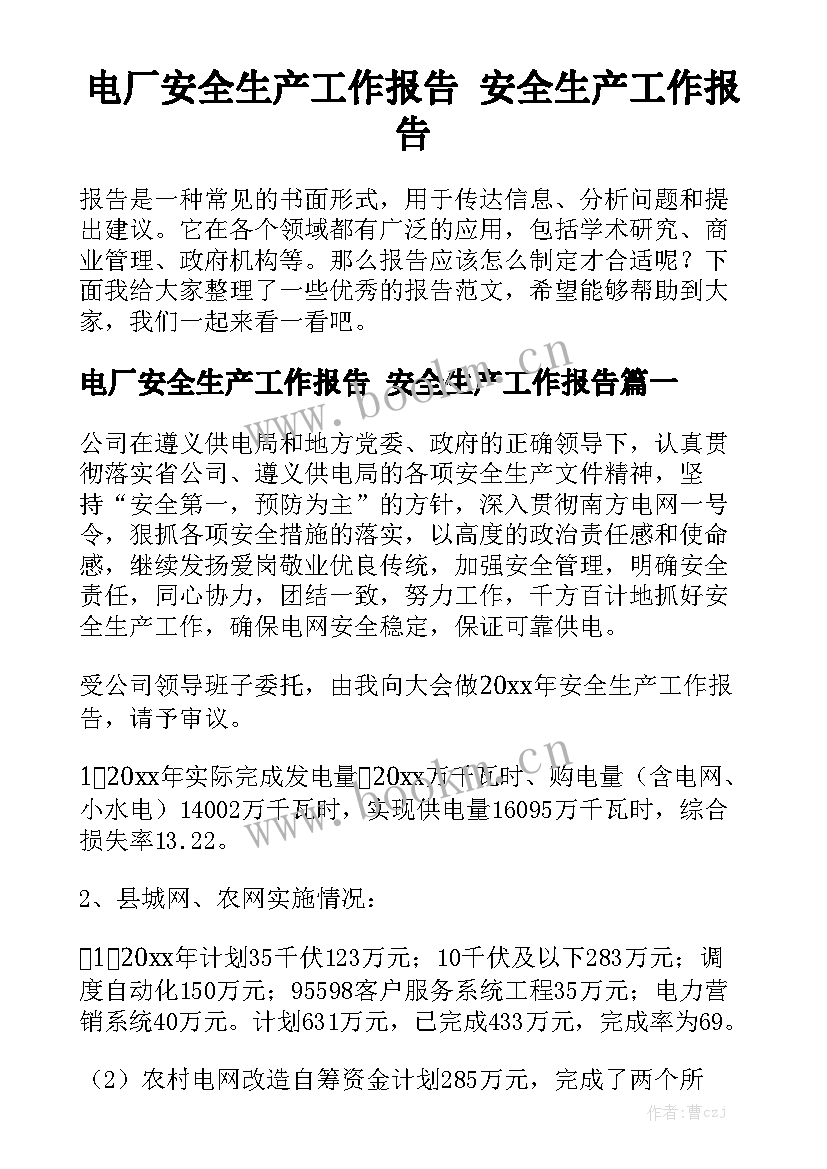 电厂安全生产工作报告 安全生产工作报告