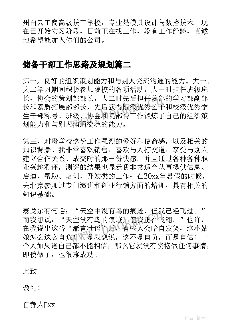 储备干部工作思路及规划