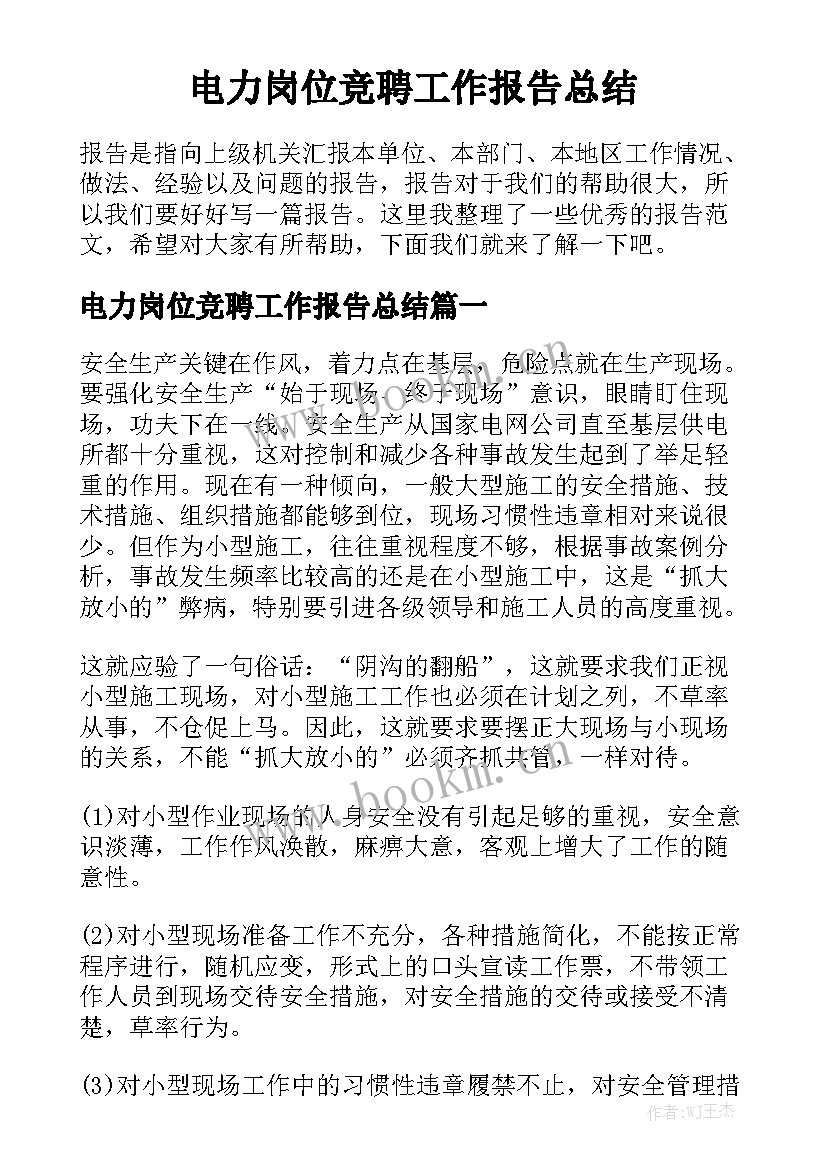 电力岗位竞聘工作报告总结