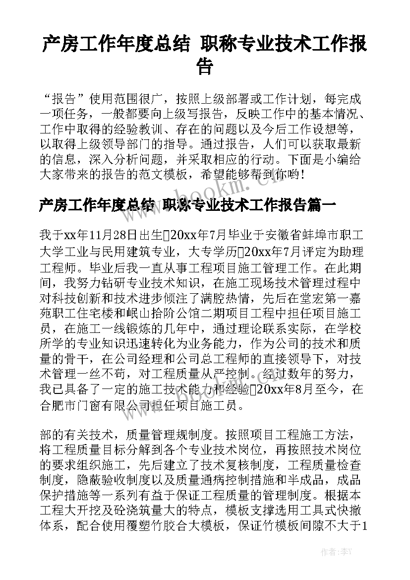 产房工作年度总结 职称专业技术工作报告