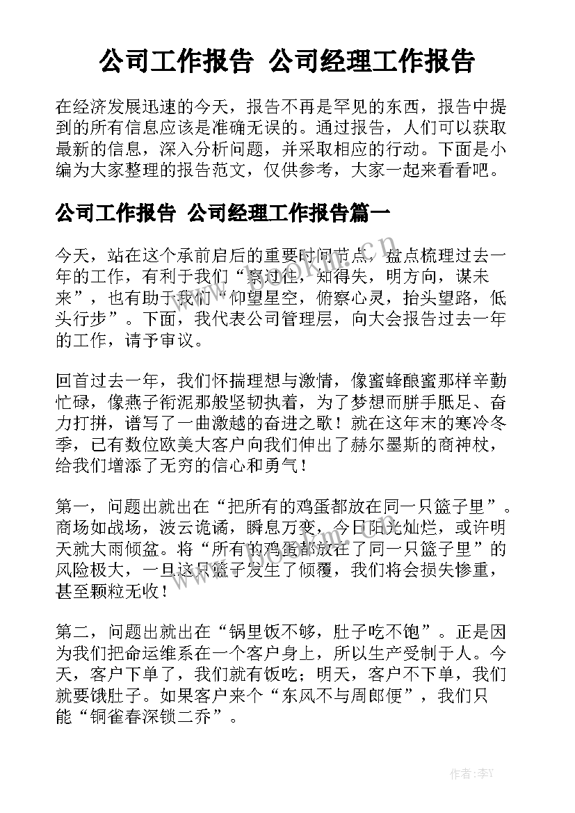 公司工作报告 公司经理工作报告