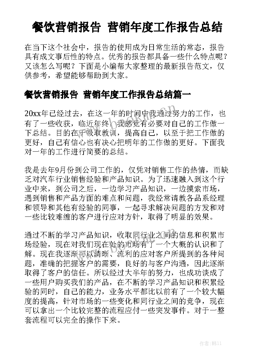 餐饮营销报告 营销年度工作报告总结