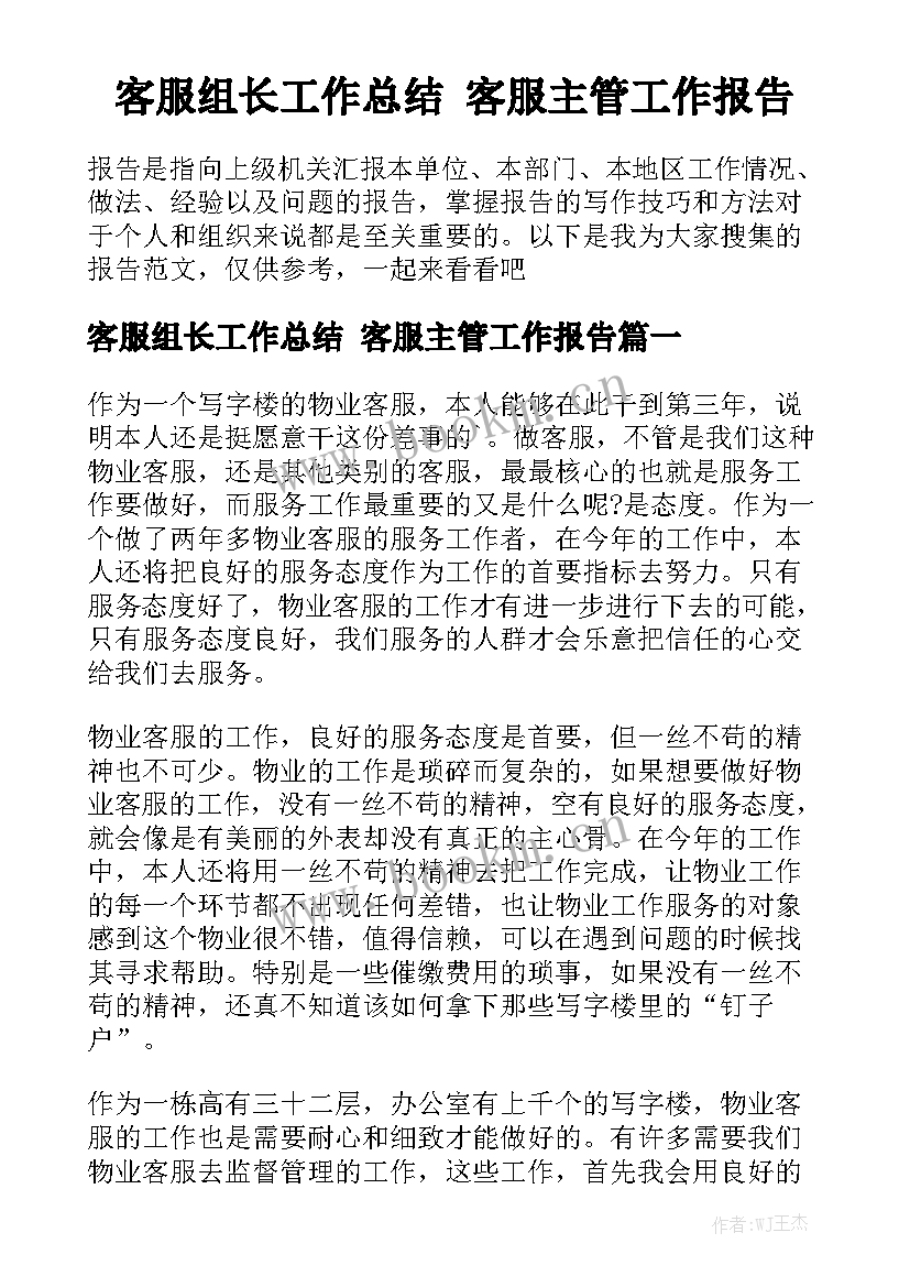 客服组长工作总结 客服主管工作报告