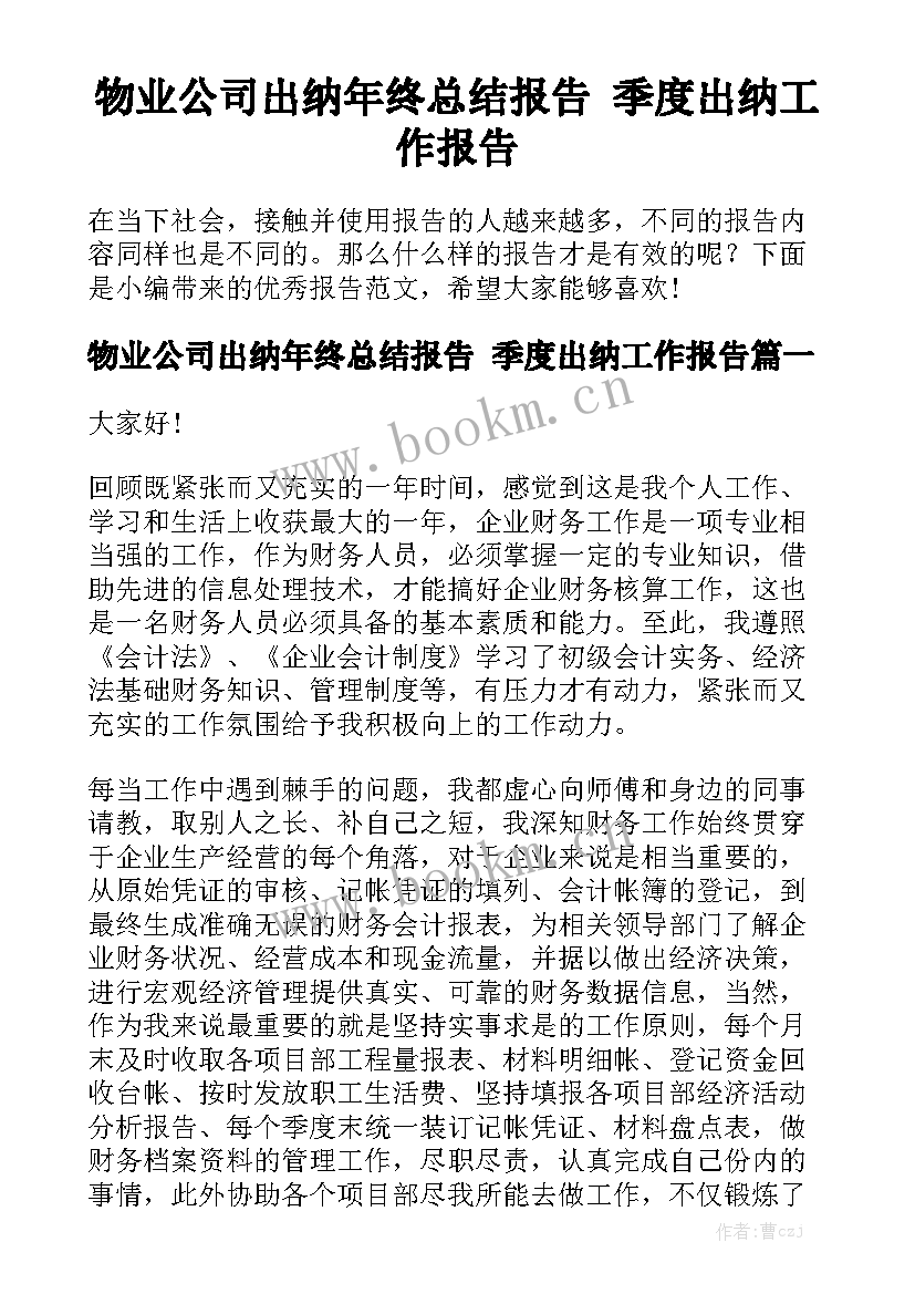 物业公司出纳年终总结报告 季度出纳工作报告