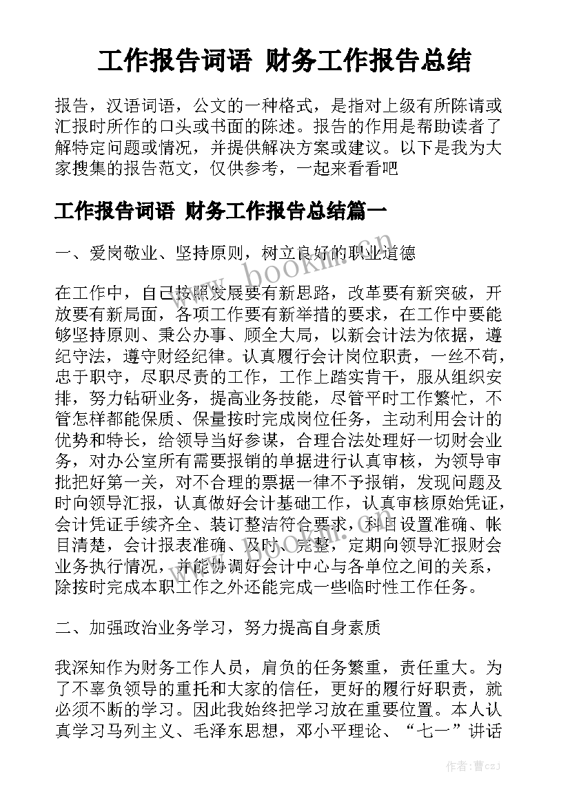 工作报告词语 财务工作报告总结