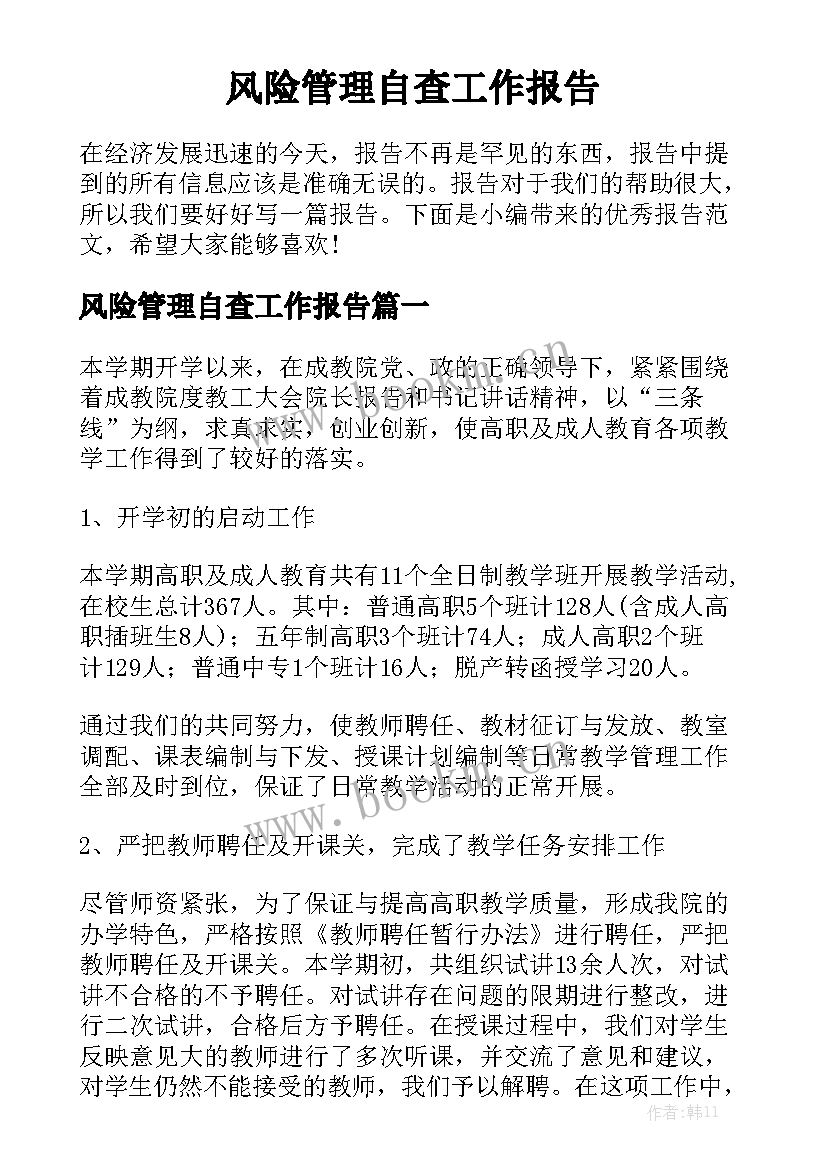 风险管理自查工作报告