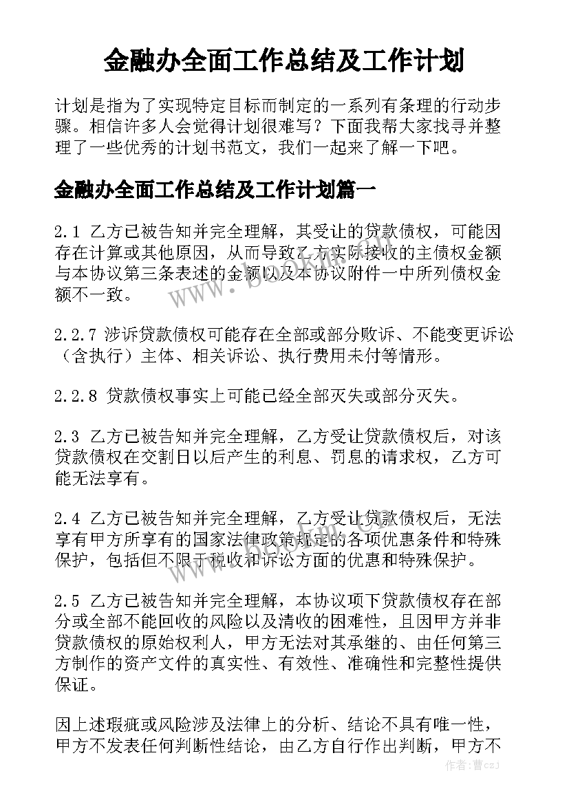 金融办全面工作总结及工作计划