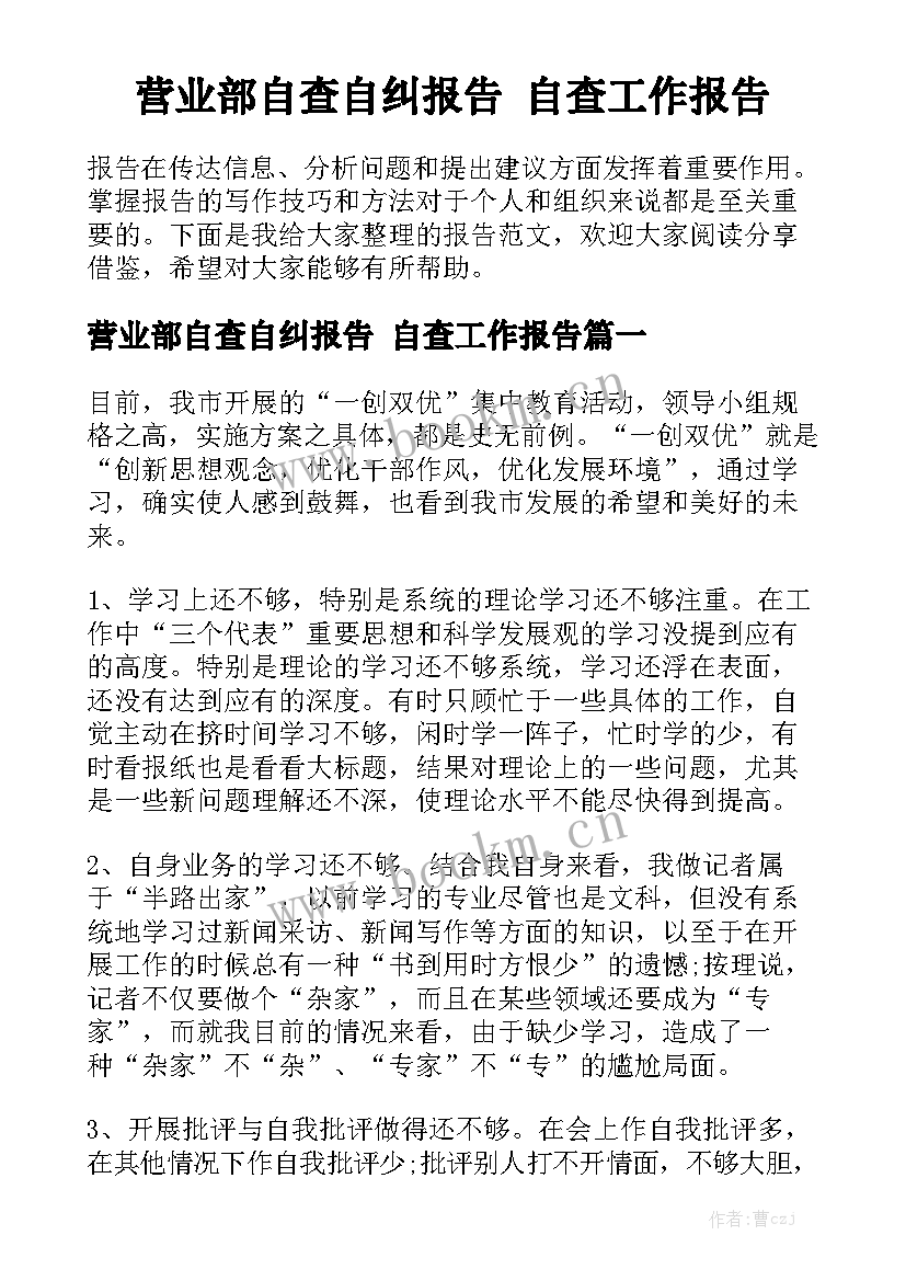 营业部自查自纠报告 自查工作报告