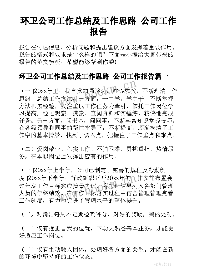 环卫公司工作总结及工作思路 公司工作报告