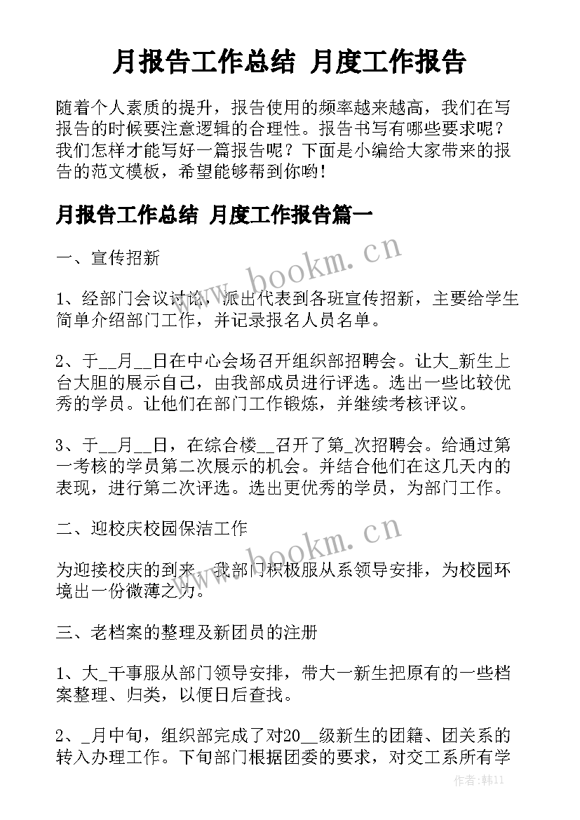 月报告工作总结 月度工作报告