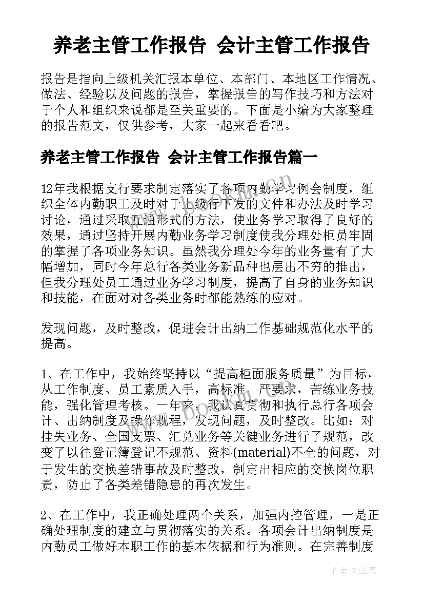 养老主管工作报告 会计主管工作报告