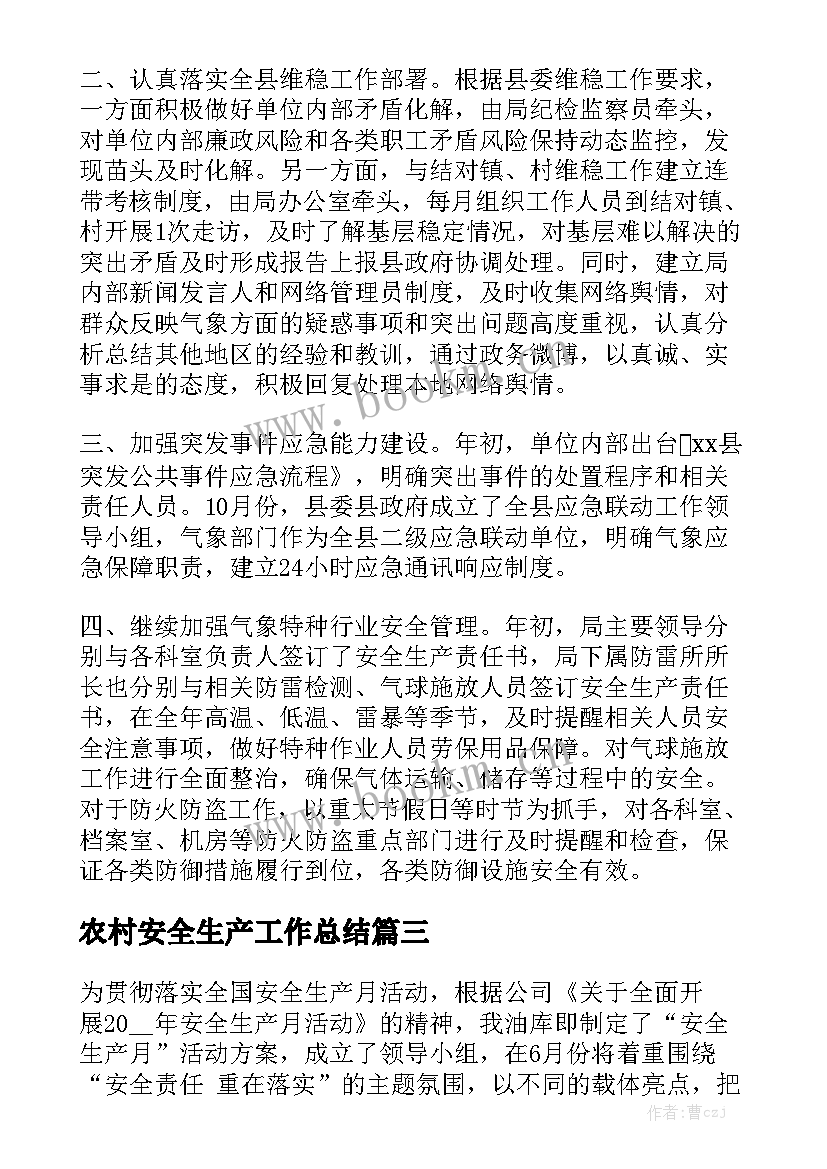 农村安全生产工作总结