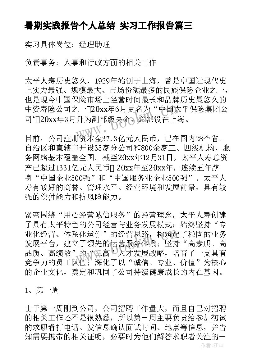 暑期实践报告个人总结 实习工作报告