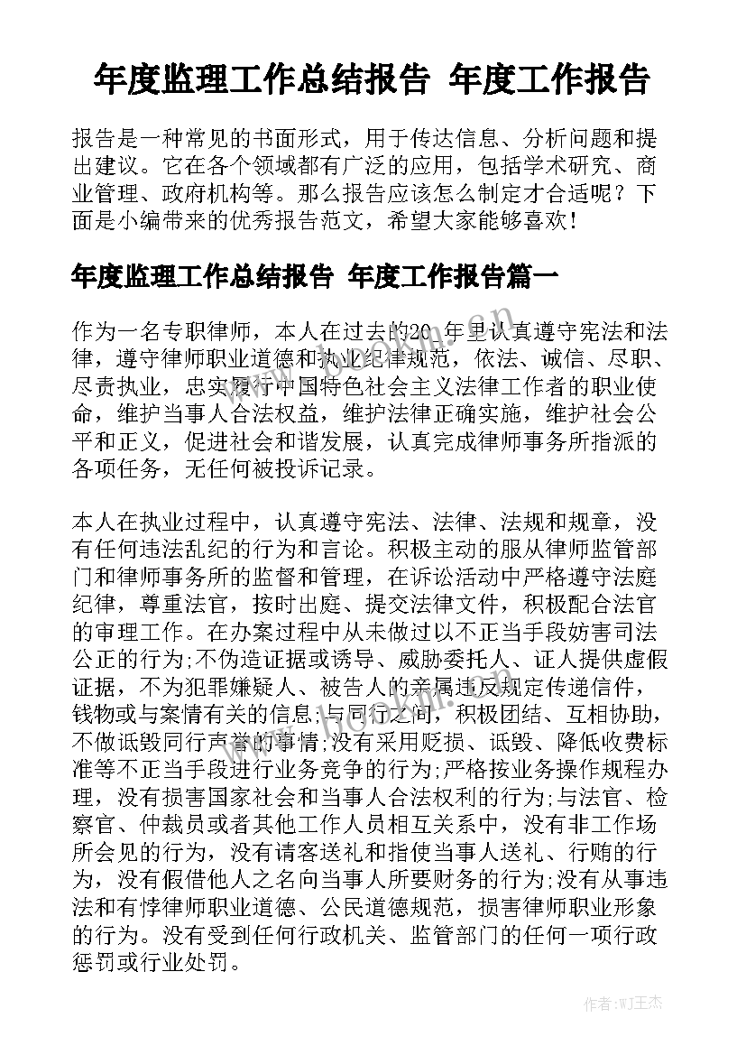 年度监理工作总结报告 年度工作报告