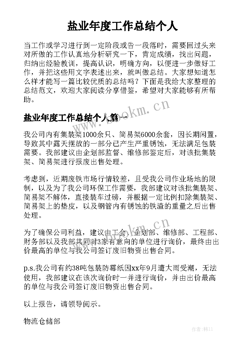 盐业年度工作总结个人