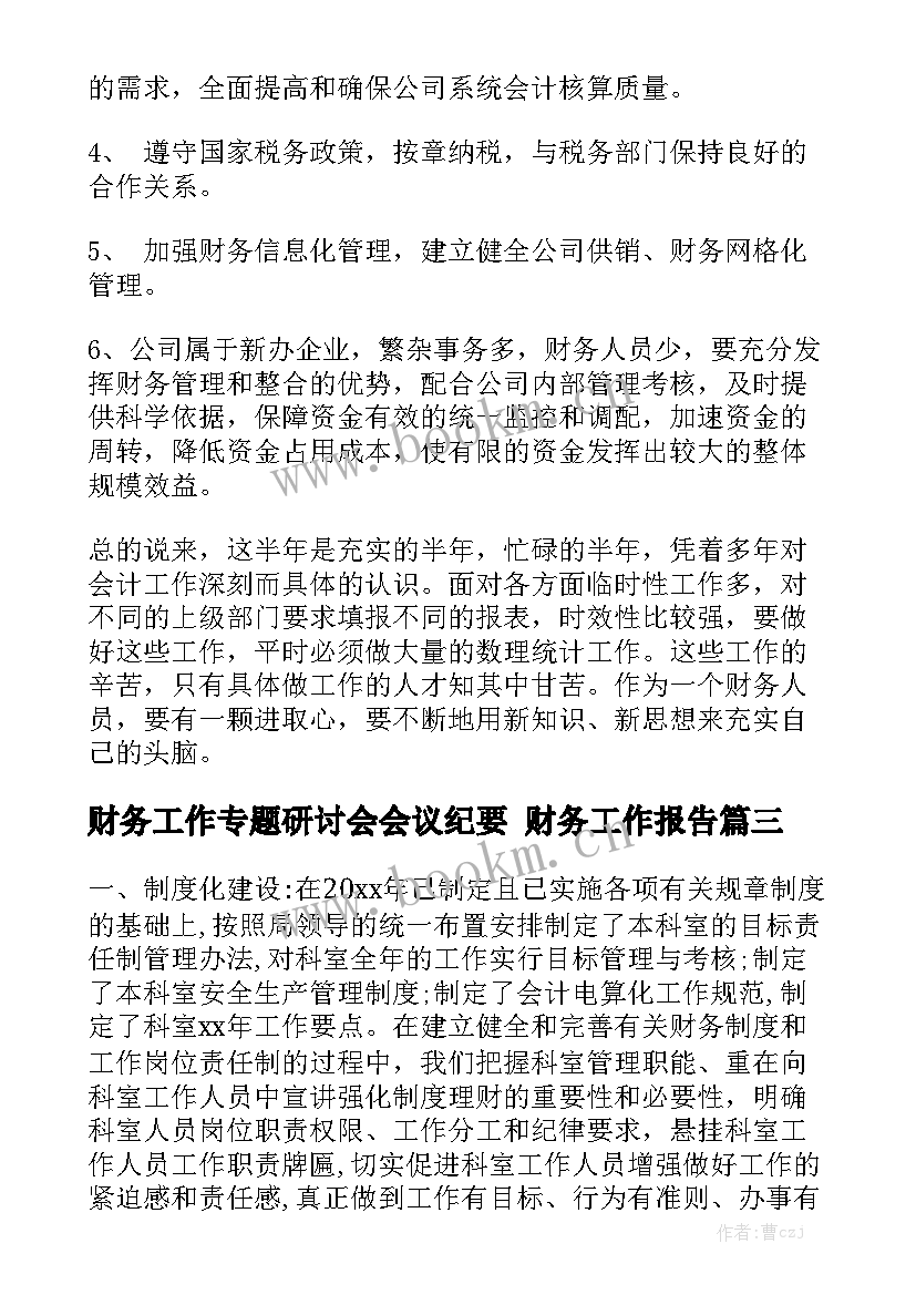 财务工作专题研讨会会议纪要 财务工作报告