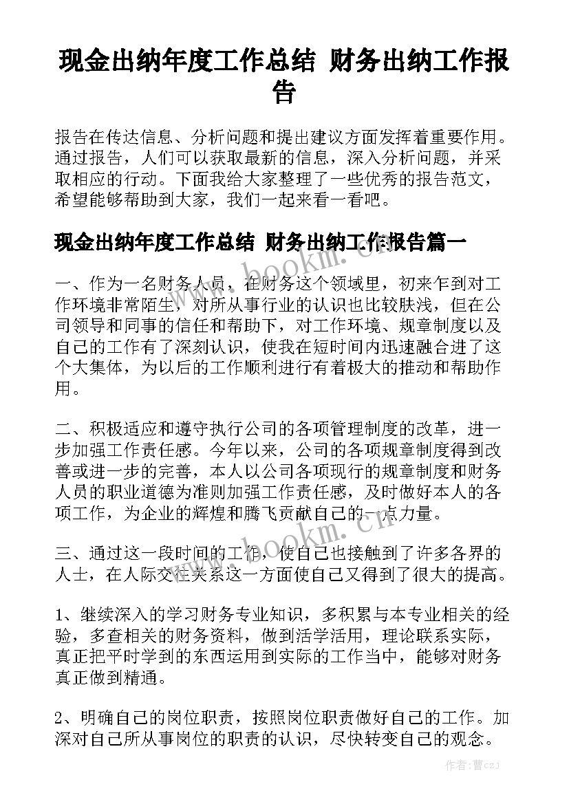 现金出纳年度工作总结 财务出纳工作报告