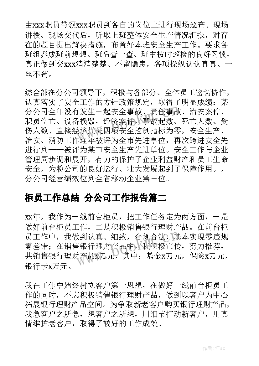 柜员工作总结 分公司工作报告