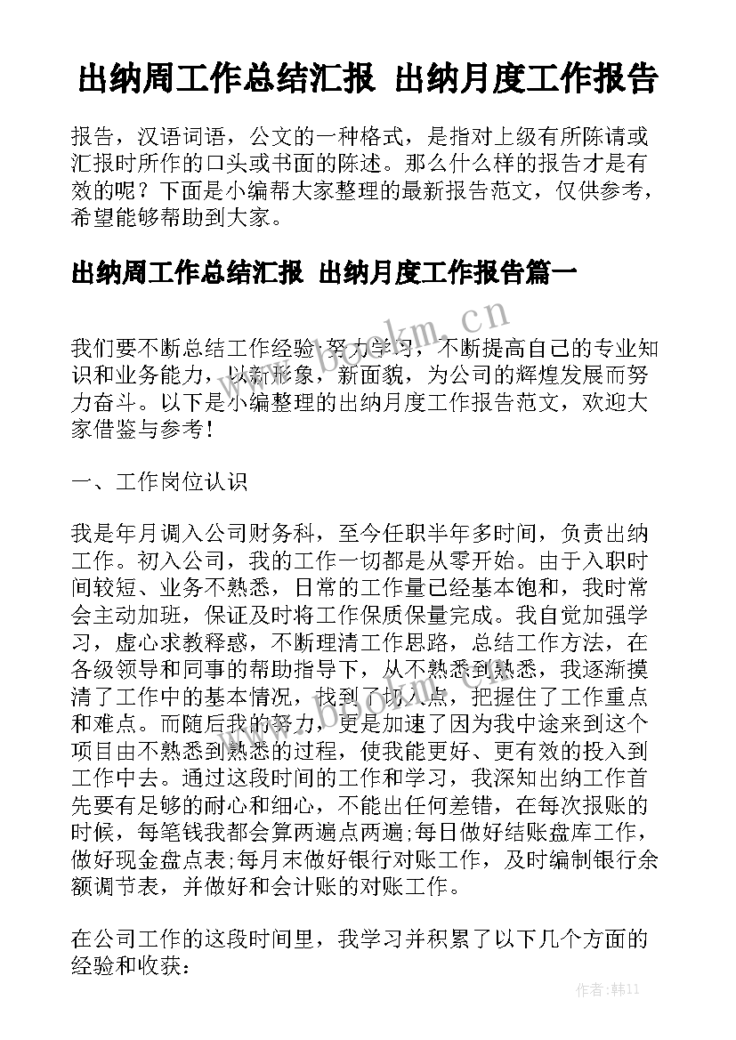 出纳周工作总结汇报 出纳月度工作报告