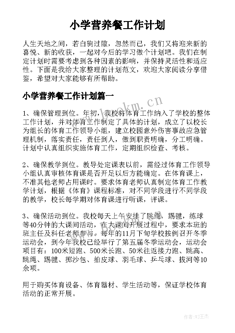 小学营养餐工作计划