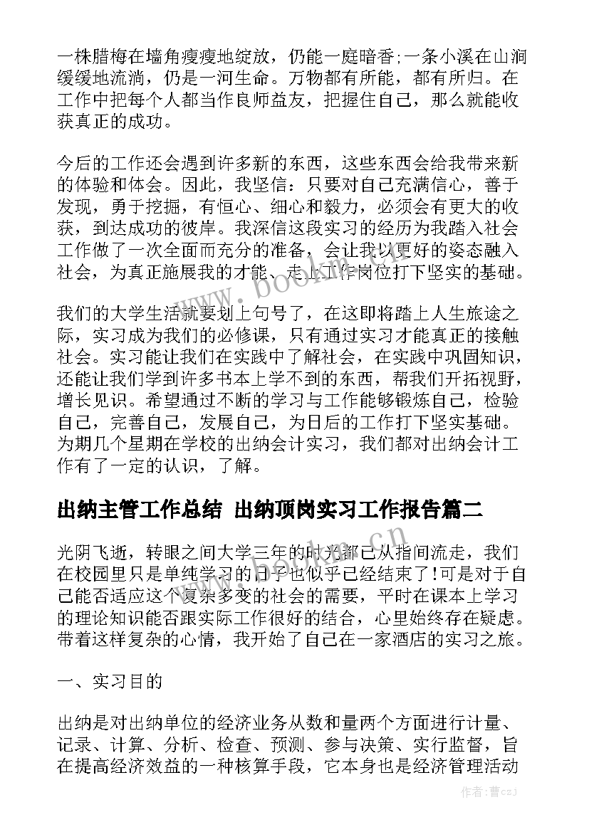 出纳主管工作总结 出纳顶岗实习工作报告