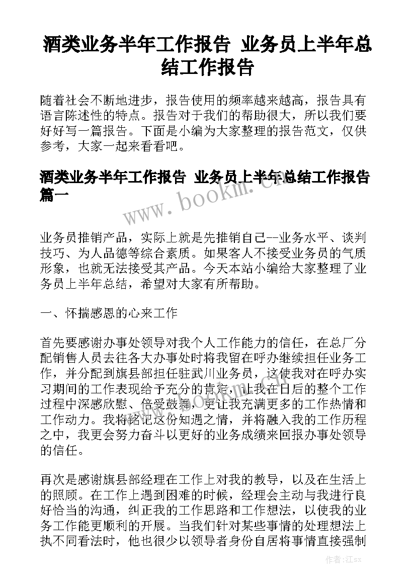 酒类业务半年工作报告 业务员上半年总结工作报告