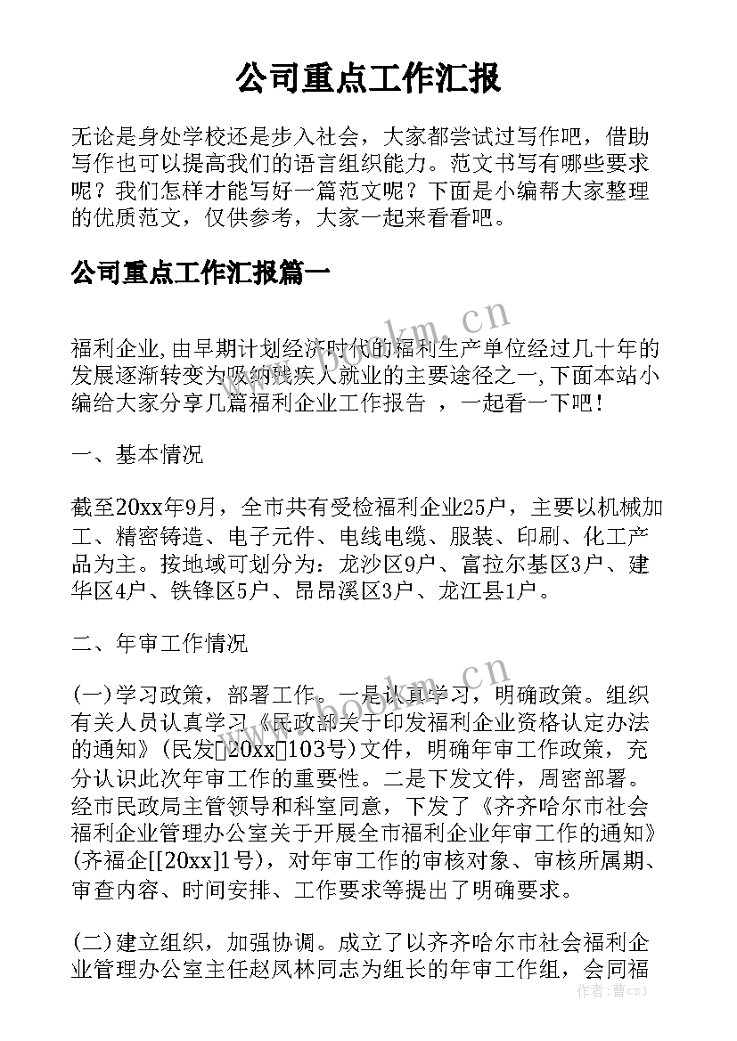 公司重点工作汇报