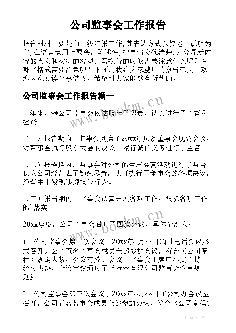 公司监事会工作报告