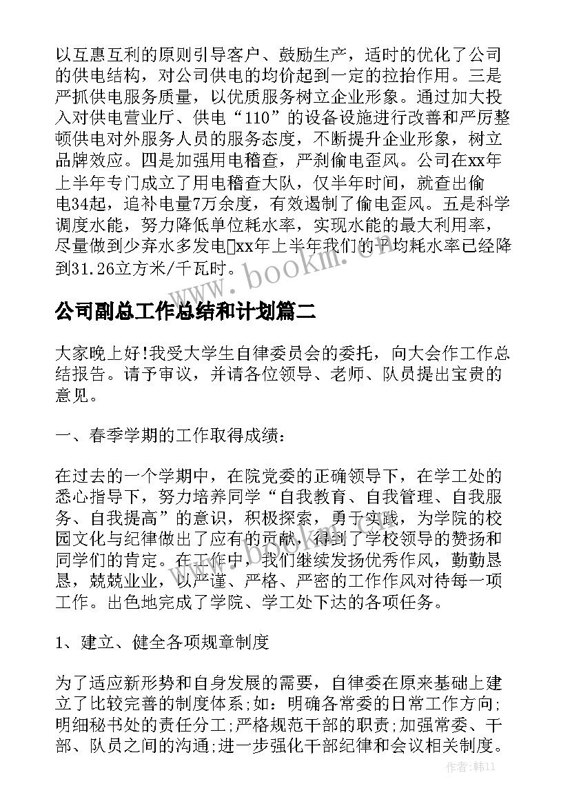 公司副总工作总结和计划