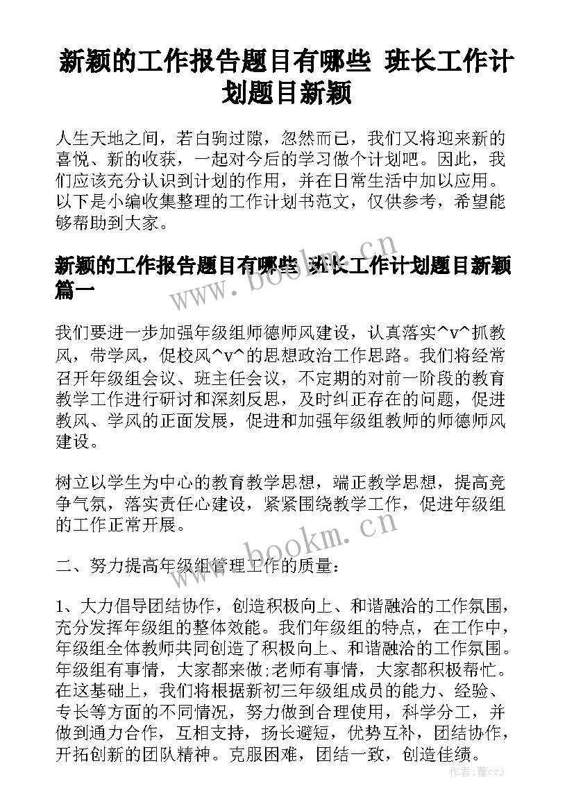 新颖的工作报告题目有哪些 班长工作计划题目新颖