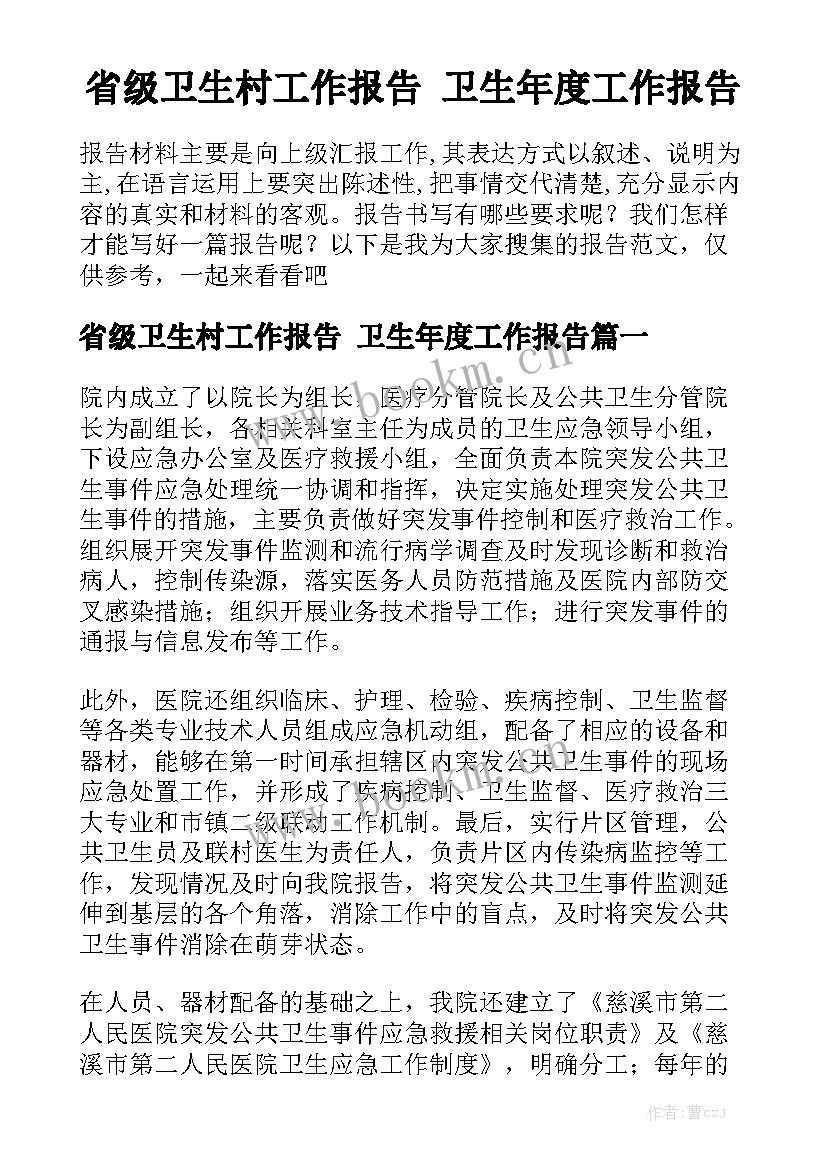 省级卫生村工作报告 卫生年度工作报告