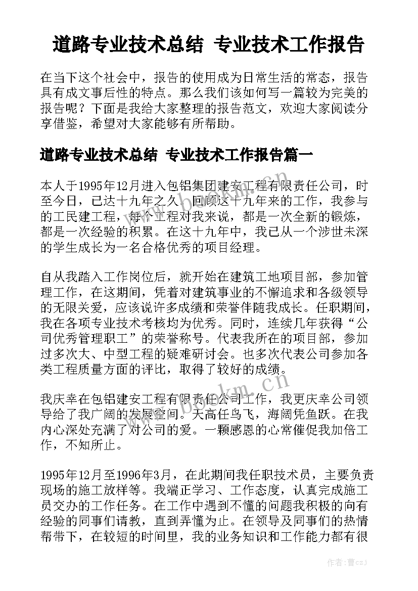 道路专业技术总结 专业技术工作报告