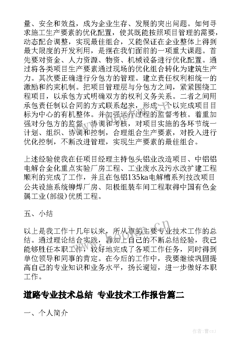 道路专业技术总结 专业技术工作报告