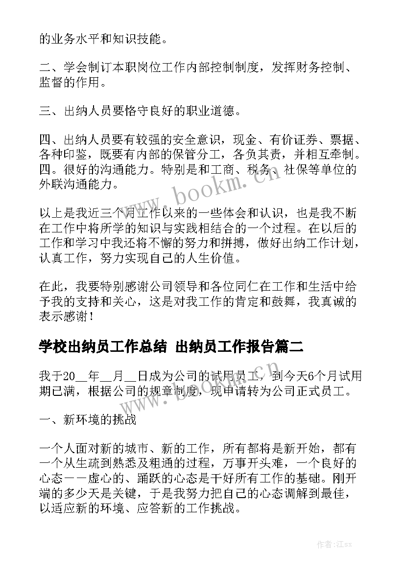 学校出纳员工作总结 出纳员工作报告