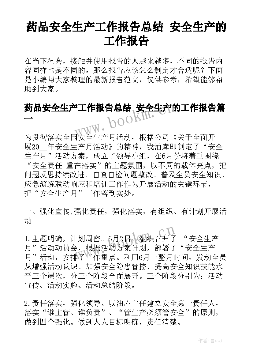 药品安全生产工作报告总结 安全生产的工作报告