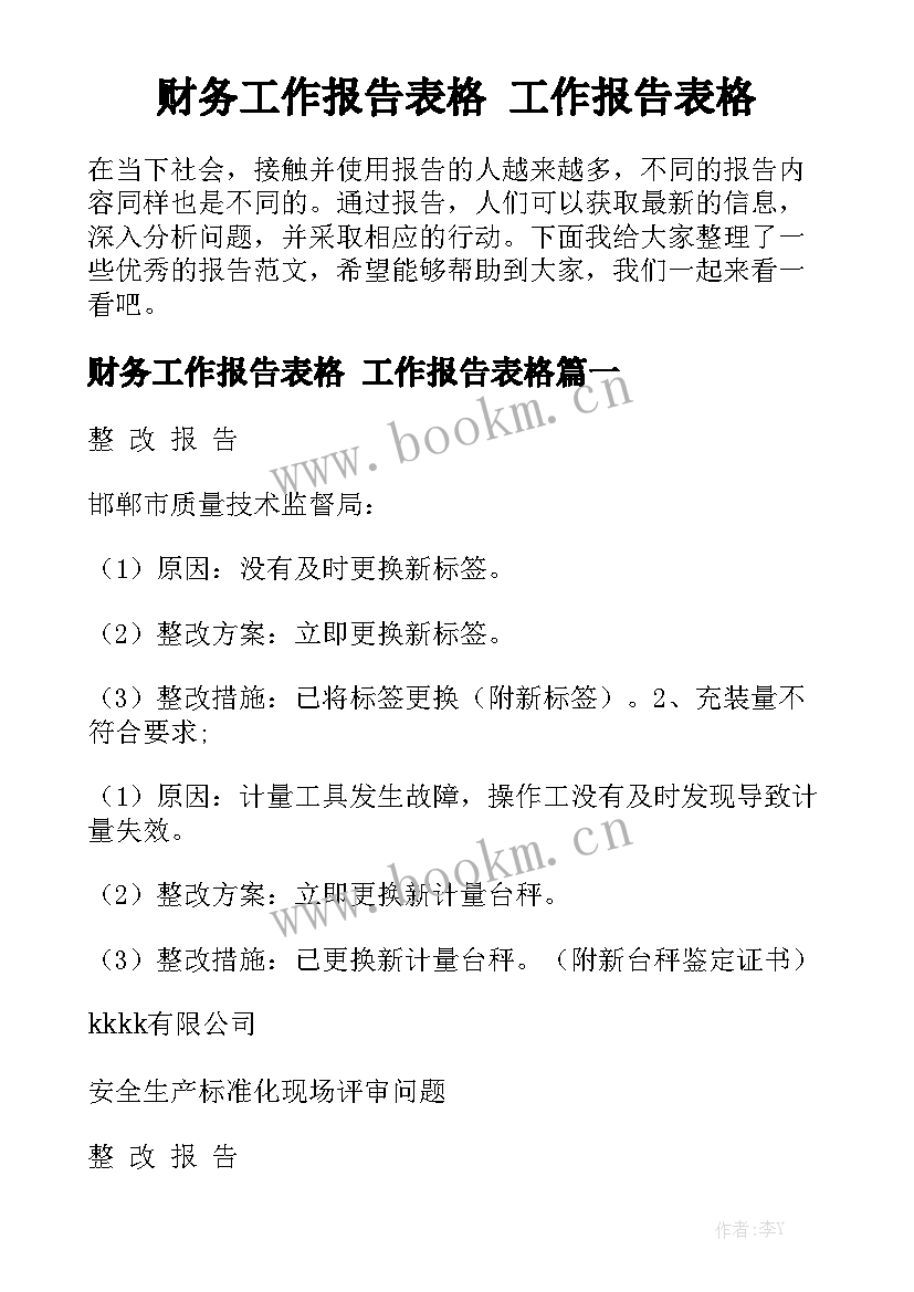 财务工作报告表格 工作报告表格