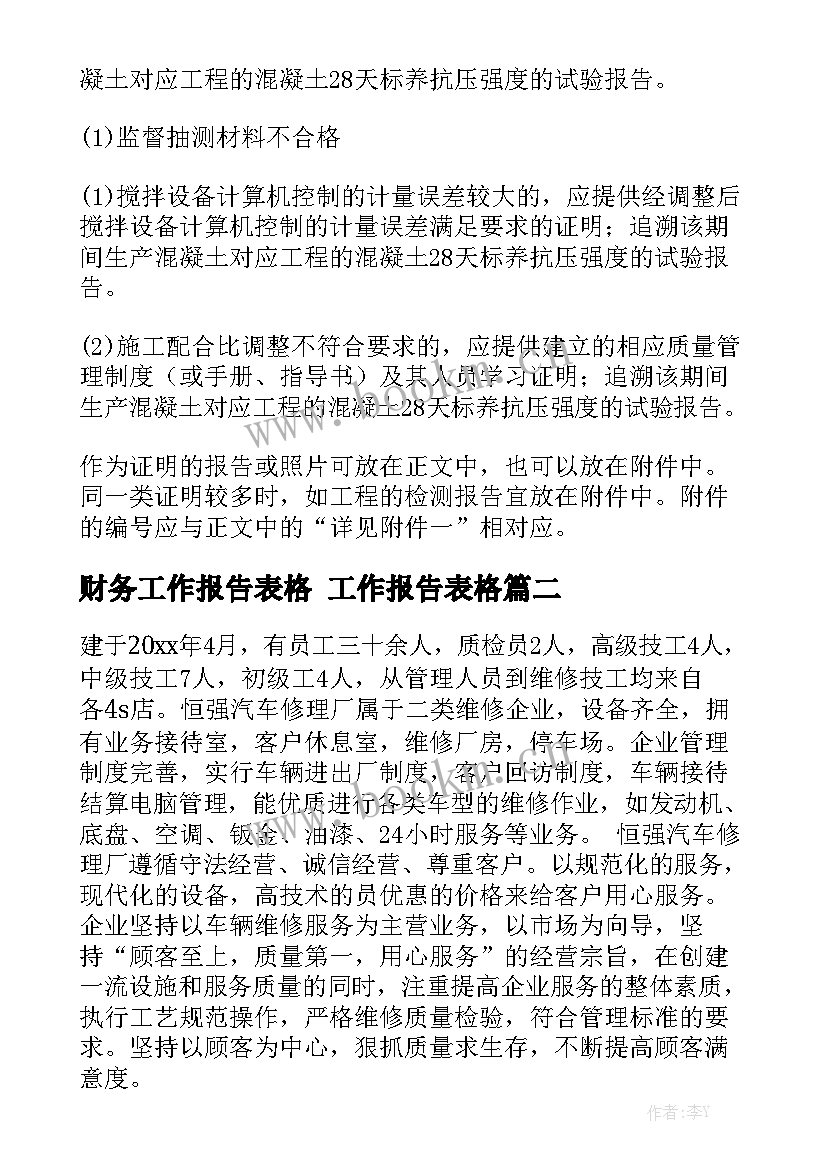 财务工作报告表格 工作报告表格