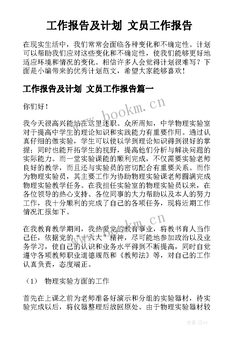 工作报告及计划 文员工作报告