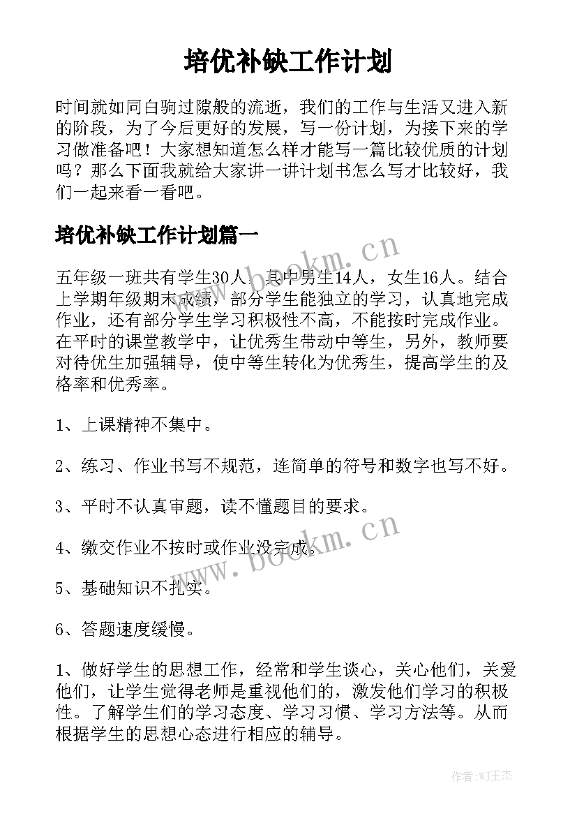 培优补缺工作计划