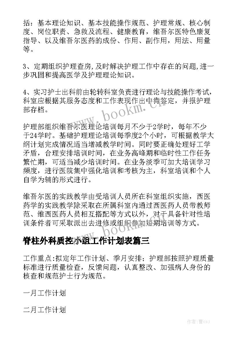 脊柱外科质控小组工作计划表