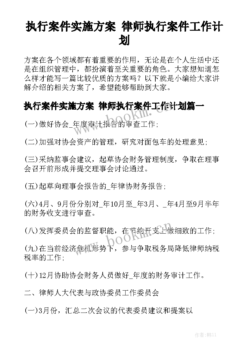 执行案件实施方案 律师执行案件工作计划