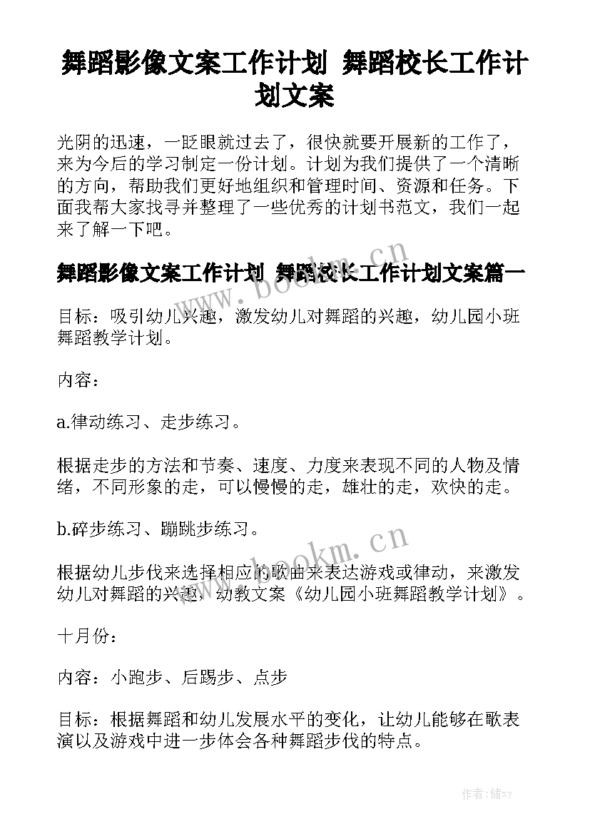 舞蹈影像文案工作计划 舞蹈校长工作计划文案