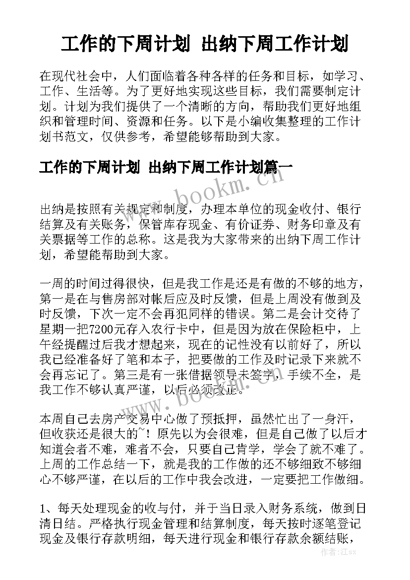 工作的下周计划 出纳下周工作计划