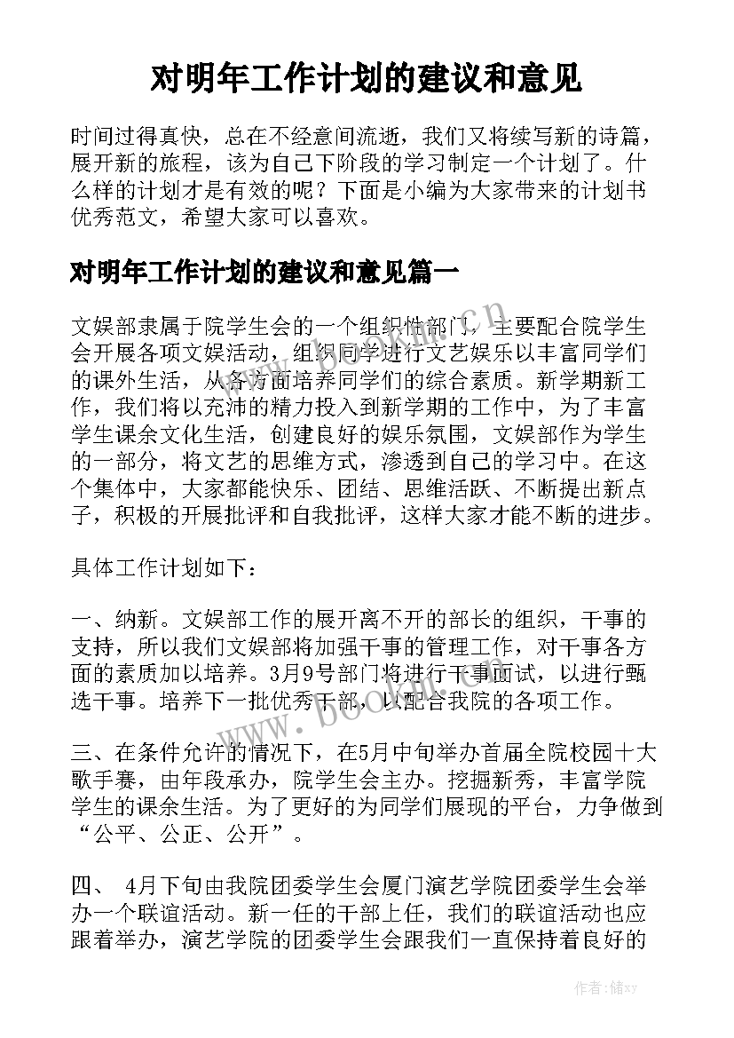 对明年工作计划的建议和意见